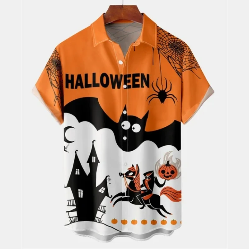 Koszula na Halloween dla mężczyzn z nadrukiem T-Shirt z krótkim rękawem 3d głowa dyni graficzna koszulka z klapami i guzikami letnia odzież na imprezę na plaży