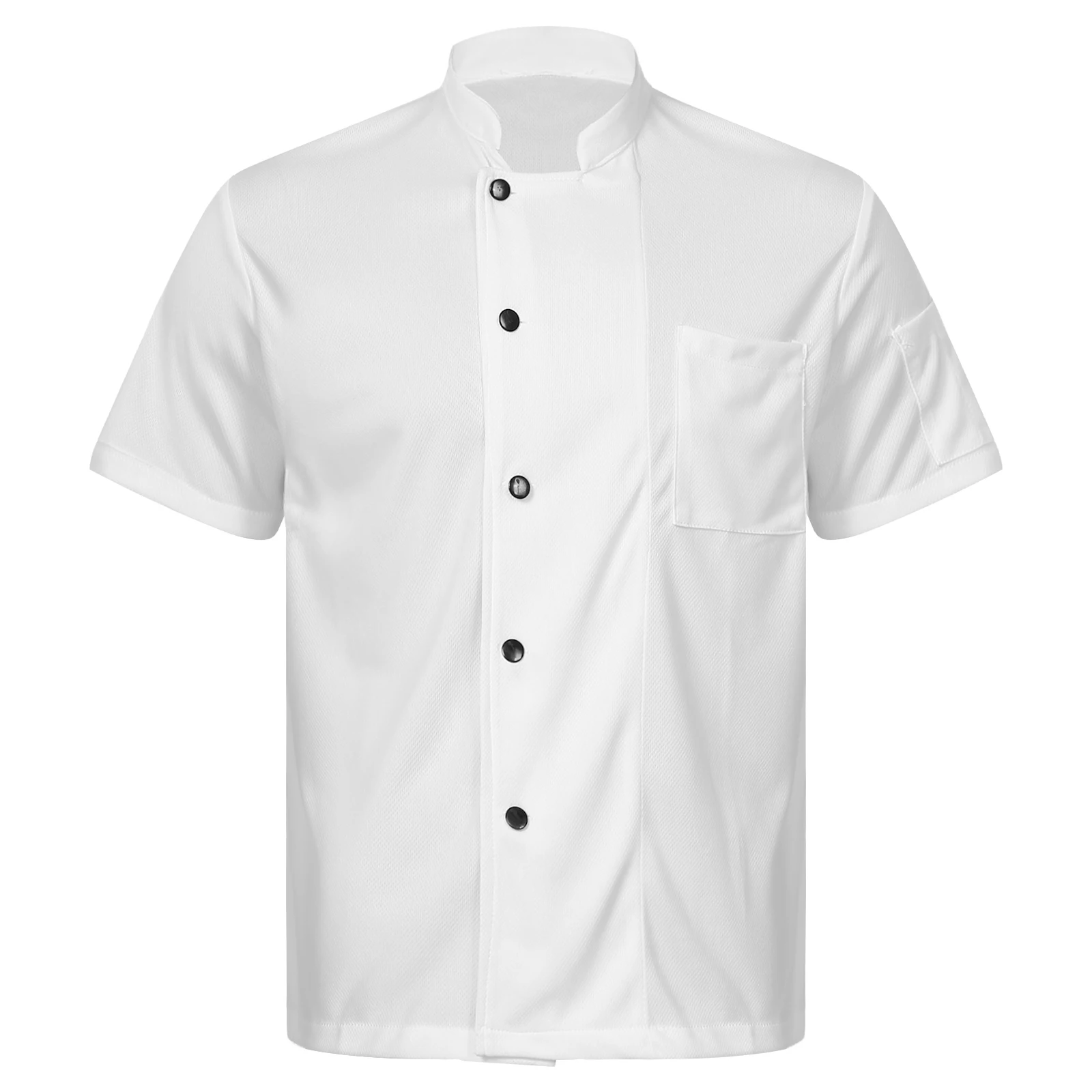 Tops de Chef de Malha Respirável Masculina, Uniforme de Serviço de Alimentação, Gola Stand, Manga Curta, Camiseta de Botão, Fato de Cozinha