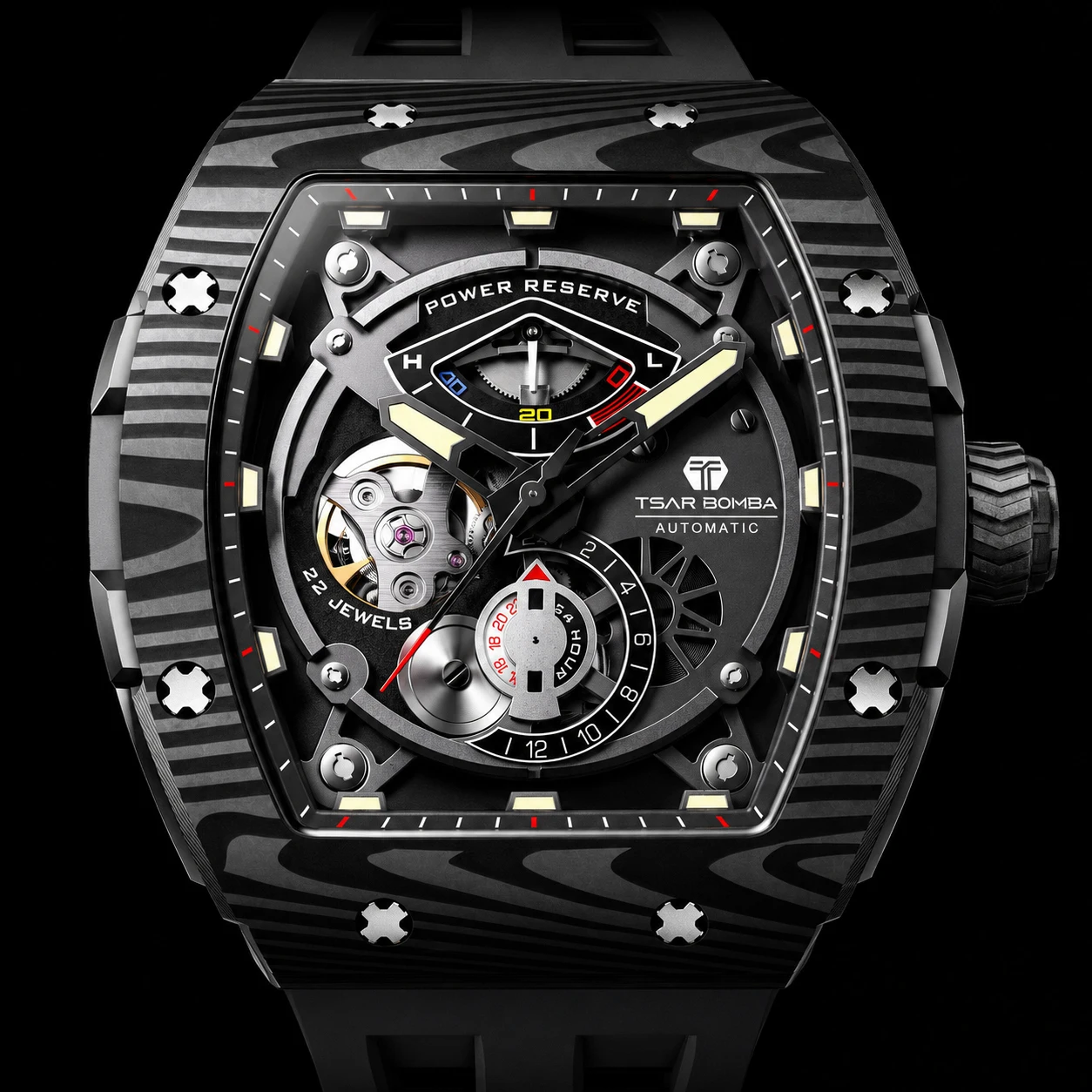 

TSAR BOMBA Men’s Carbon Fiber Automatic Watch – Fluororubber Strap, Sapphire Glass, 5ATM Water Resistant