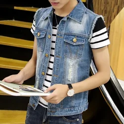 Men Ripped Denim Waistcoats Vests Jackets Light Blue Holes Denim Coats Vests New Fashion Male Cotton Slim Jeans Waistcoats 6XL