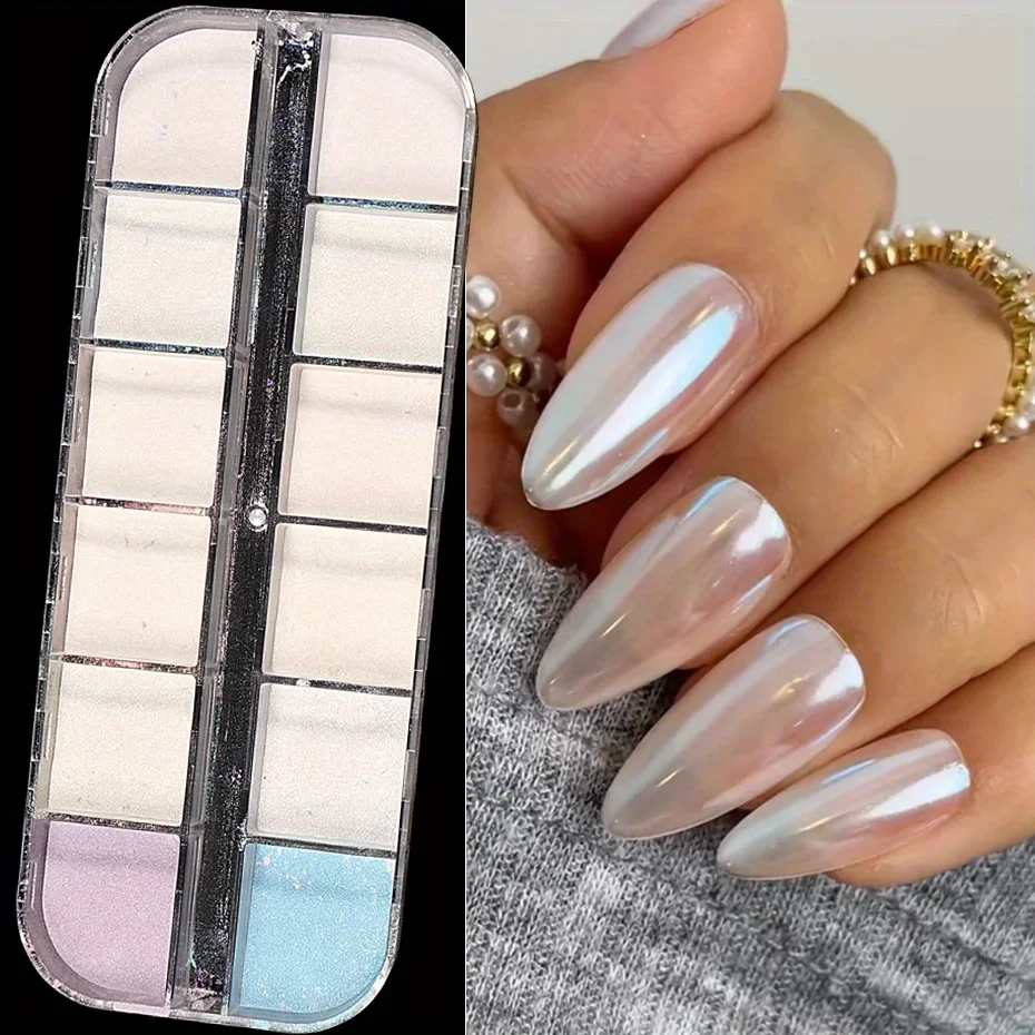 12 rejillas de Hada sirena, purpurina para uñas en polvo, pigmento de perla brillante blanco, esmalte de Gel de espejo colorido, polvo cromado, decoración de manicura de invierno