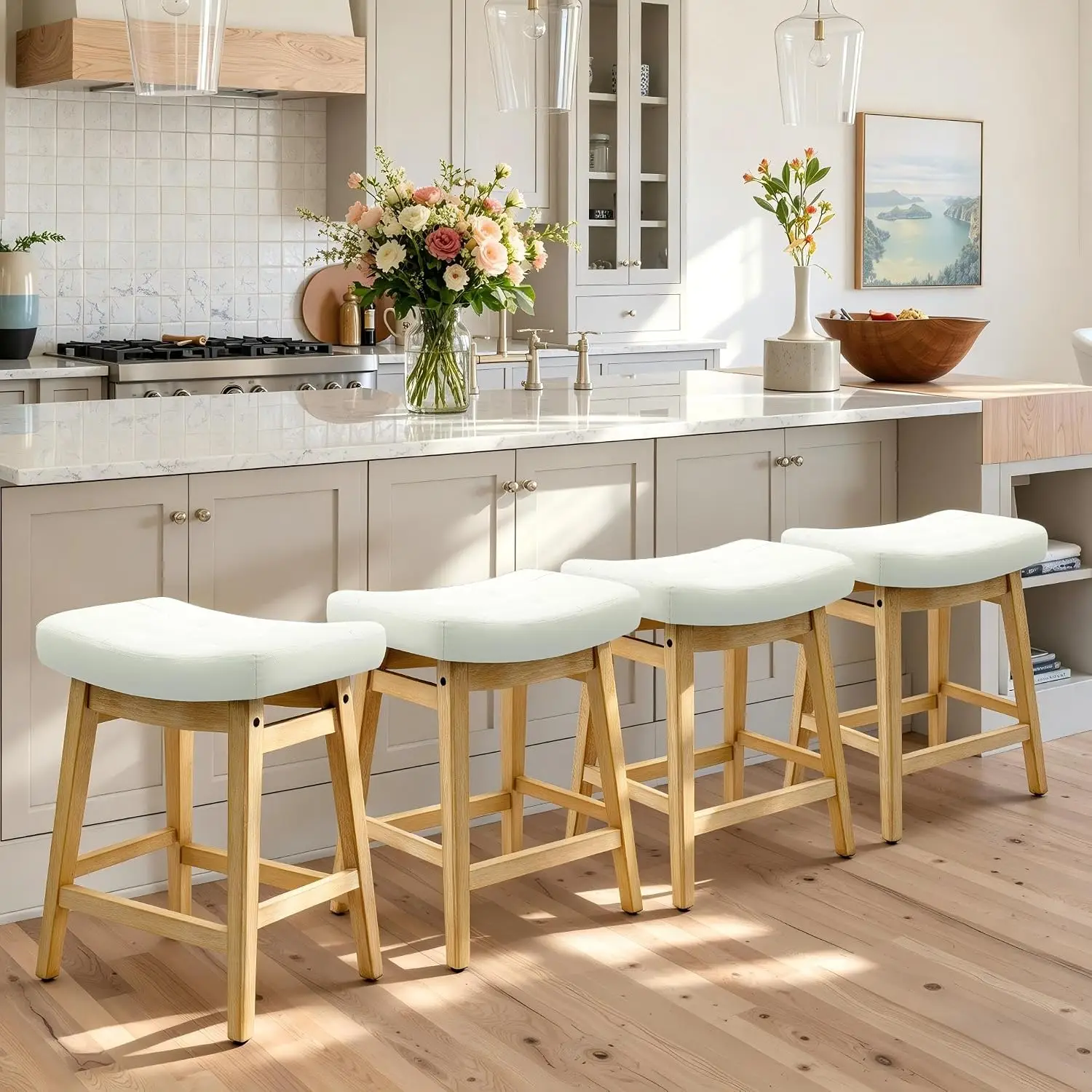Counter Height Bar Stools Set Of 4 For Kitchen Island, Wooden Backless Farmhouse Modern Short Stools With Faux Leather Saddle Seat, 24 Inch Top Chairs, White