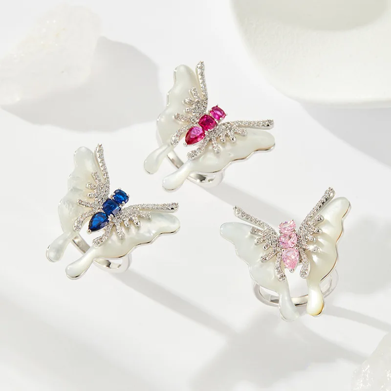 

Luxurious Micro-Paved Zircon Natural Shell Butterfly Open Ring Fashionable Light Luxury Style Adjustable Index Finger Ring Women's Ring