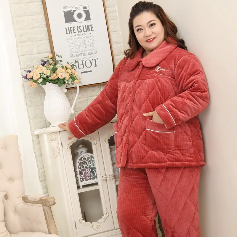 130kg Plus size Winter super warm Quilted pajamas sets women Thick flannel Long sleeves trousers sleepwear 26888