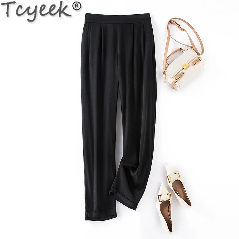 

Tcyeek 93% Mulberry Silk Pants Womans Clothing High-waisted Pants Straight Pants Women Summer Professional Trousers Pantalones