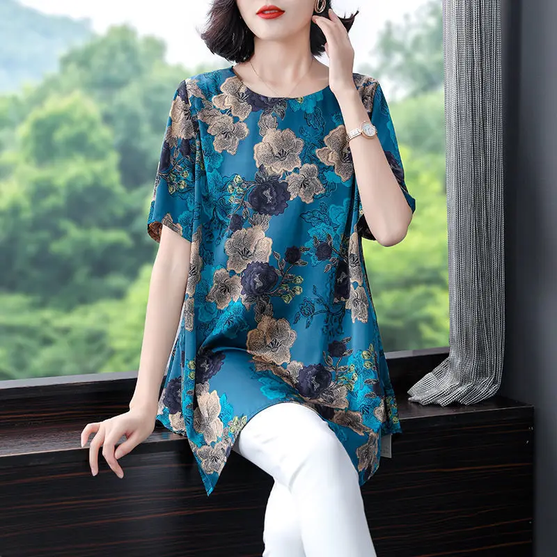 Vintage Printed O-Neck Irregular Floral Blouses Women\'s Clothing 2024 Summer New Loose All-match Tops Asymmetrical Shirts