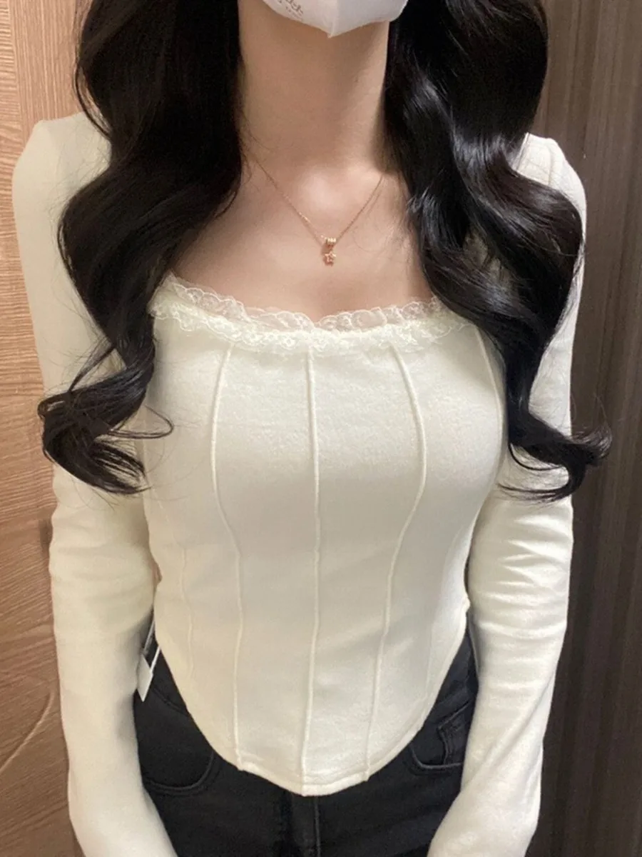 

Irregular Lace Ne Hanging Long Sve T-irt Women's Spring Autumn Thiened Base irt Inner Wear High-End Sweet Spicy Gi...