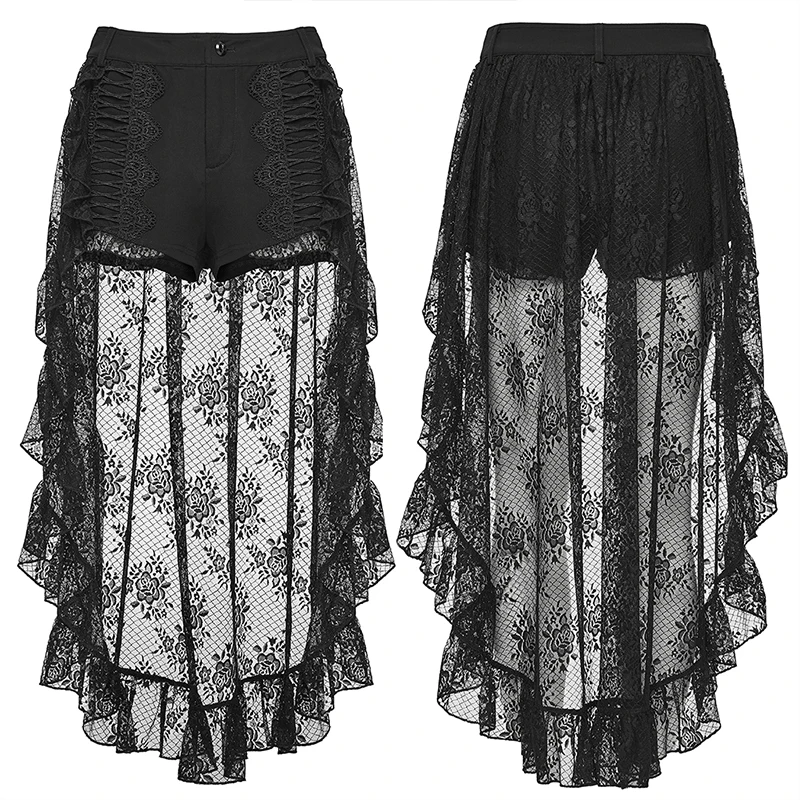 PUNK RAVE Dames Gothic Retro Hoog-laag Kanten shorts met ruches Punk Uniek Niet-afneembaar Skort-ontwerp uit één stuk Donkere korte broek