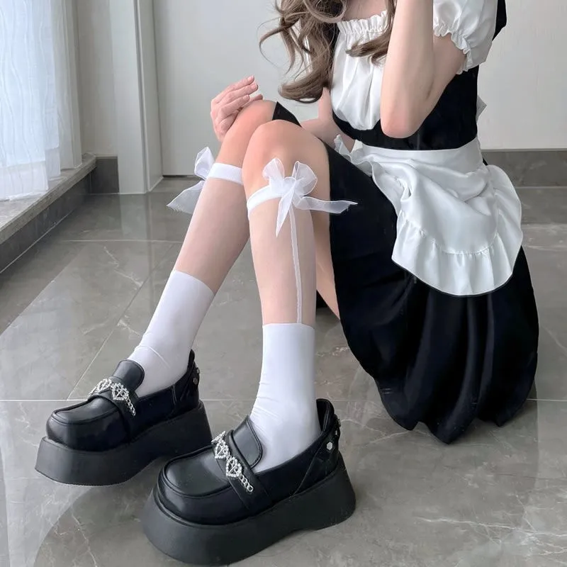 Transparente Patchwork-Wadensocken, JK-Süße Schleife im japanischen Stil, halbhohe Lolita-Socken, süße Mädchen, Schulstil, schlankmachend