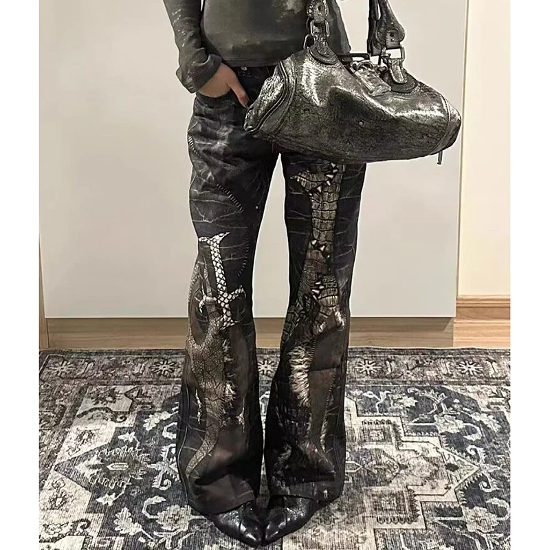 Grunge Python นูนช่างไม้ไม่สมมาตรกางเกงยีนส์ Gothic Dark Street Micro Flares กางเกง CROSS Patchwork กางเกงยีนส์สีดํา