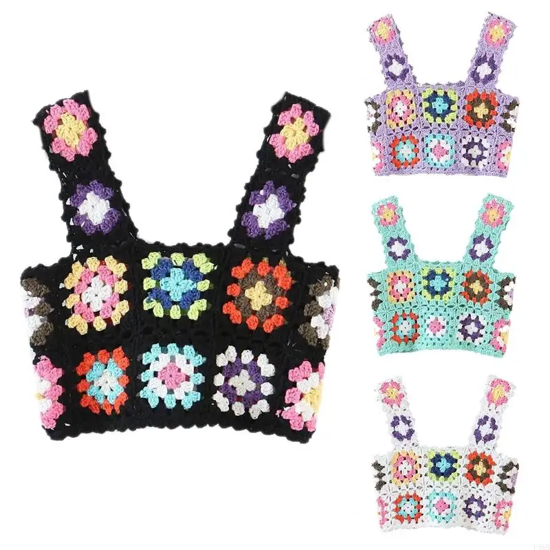 

P88B Women Summer Crochet for Tank Top Multicolor Floral Plaid Knit Vest Sexy Square Neck Beach Sleeveless Cropped Shirt