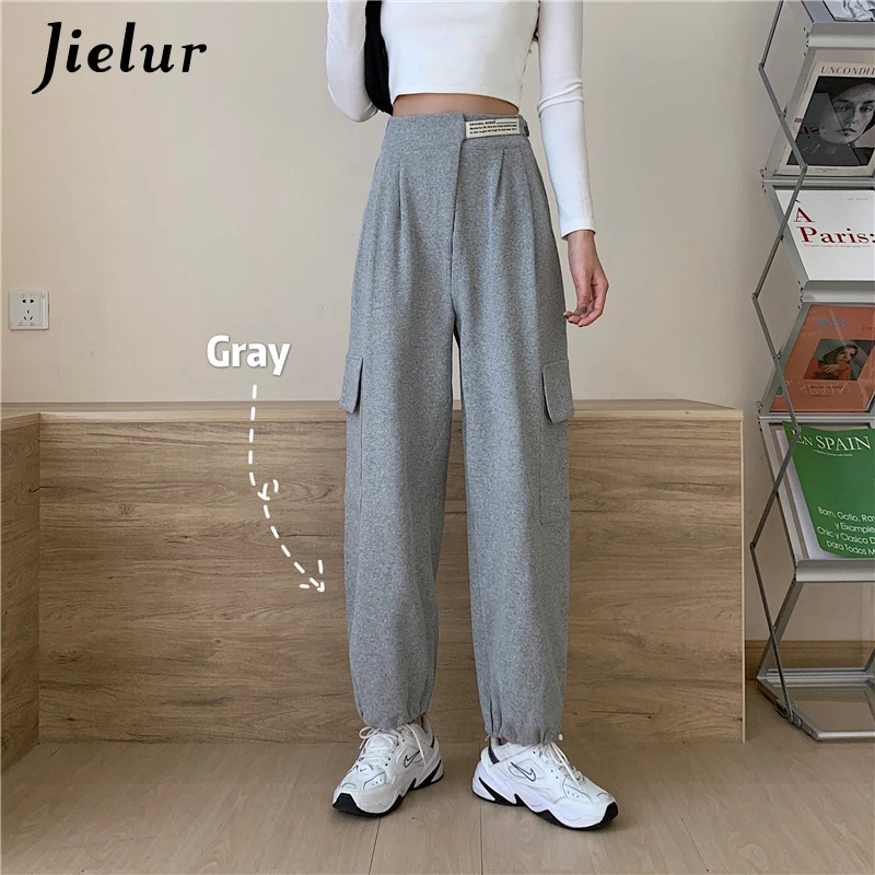 

New Elastic Waist Pocket Pants Female Sportswear High Waist Trousers Young Chic Applique Black Grey M-XL Pants for Women