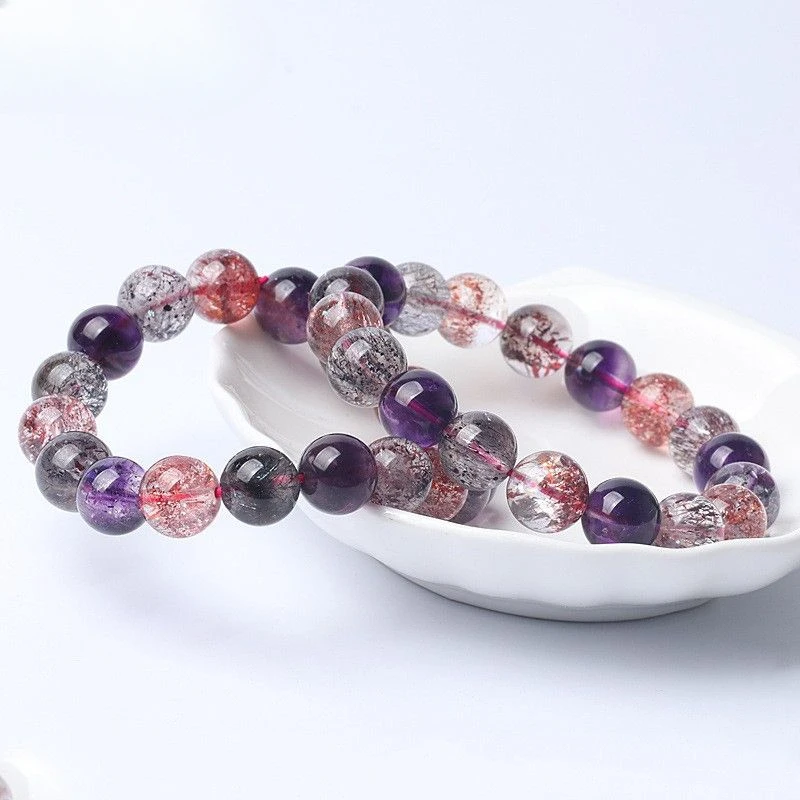 Imagem -04 - Pulseira de Cristal Natural com Anel Único Ornamento Três Redondos Espinha Dorsal Cabelo Roxo Quartzo Morango Super Sete