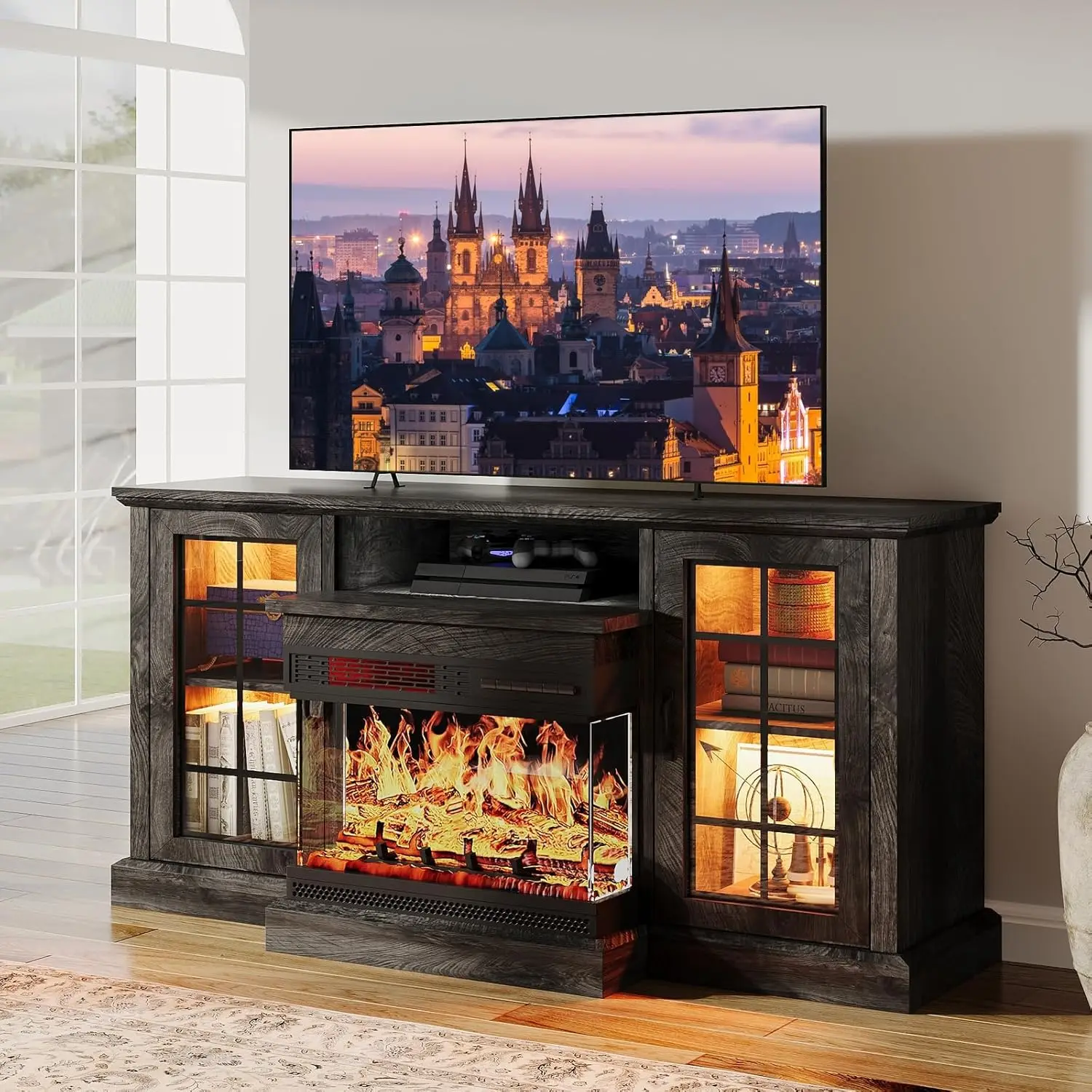 

oneinmil 59'' Fireplace TV Stand, 3 Sided Glass Media Entertainment Center Console Table for TVs up to 65''