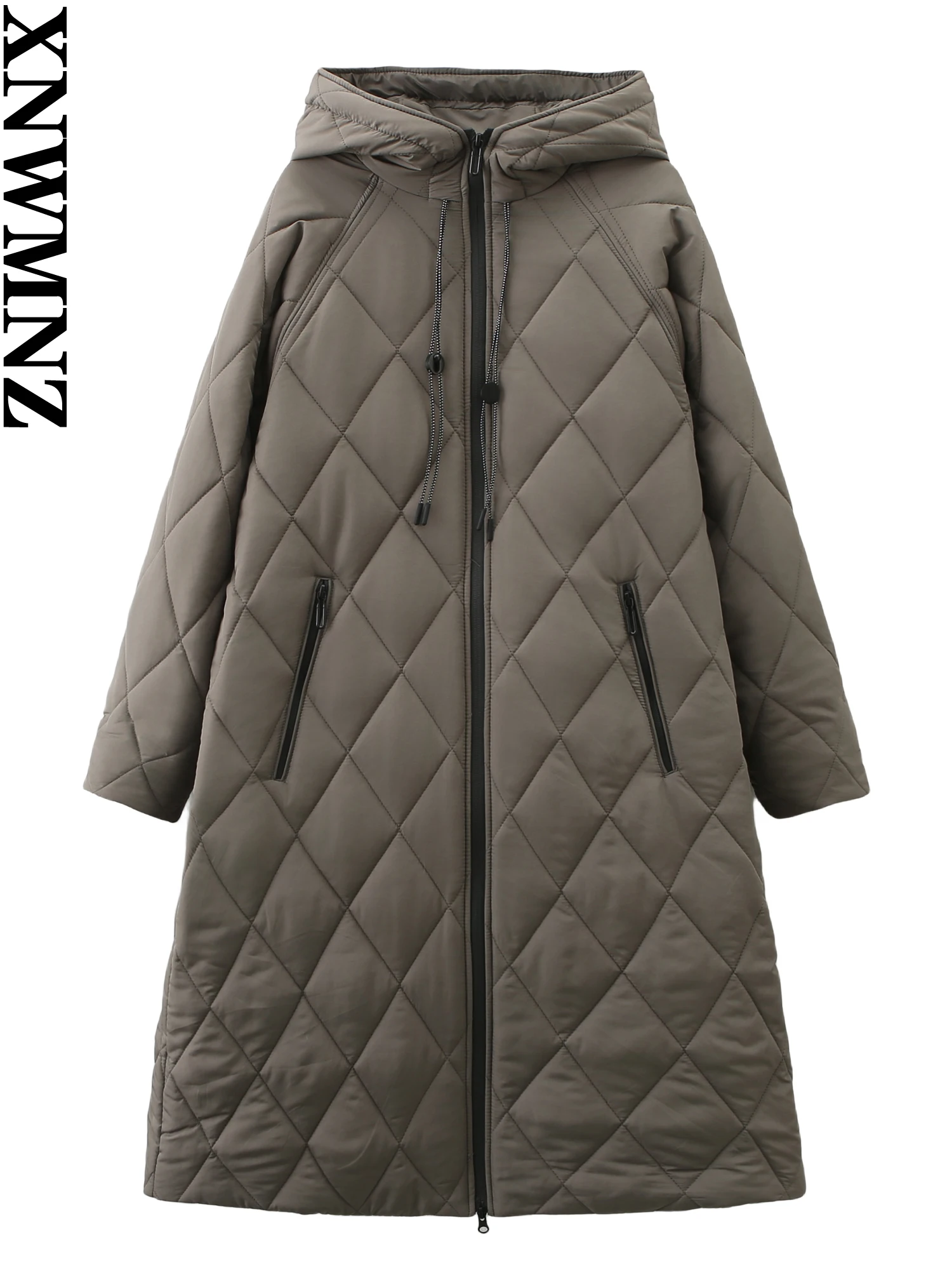 Xnwmnz Damenmode Winter lange Kapuze gepolsterte Jacke Frauen Vintage High Neck Langarm Reiß verschluss Tasche weiblichen warmen Mantel