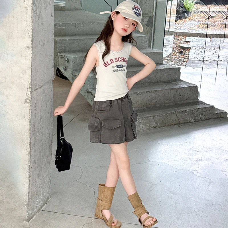 Children Clothes Cool Girl Summer Vintage Letter Print Sleeveless Tank Top And Grey Cargo Denim Shorts Fashion Street Wear 2026