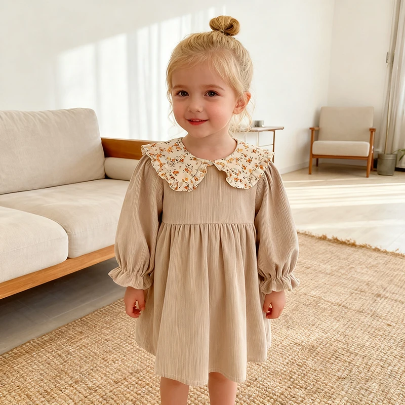 خريف جديد الفتيات فستان 1-6Y دمية الرقبة سروال قصير الزهور فستان الربيع الأطفال الفتيات طويلة الأكمام الأميرة موضة فستان لطيف