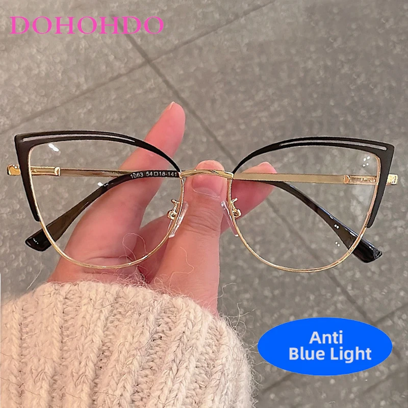 

Metal Cat Eye Half Frame Optical Women Glasses Trend Brand Designers Computer Blue Light Blocking Eye Protection Eyeglasses Men