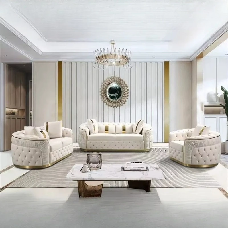 Luxuriöses Chesterfield Ecksofa-Set mit Stoffknöpfen und Modularem Stoffsofa mit Goldener Edelstahlbasis, 3-Sitzer-Sofa