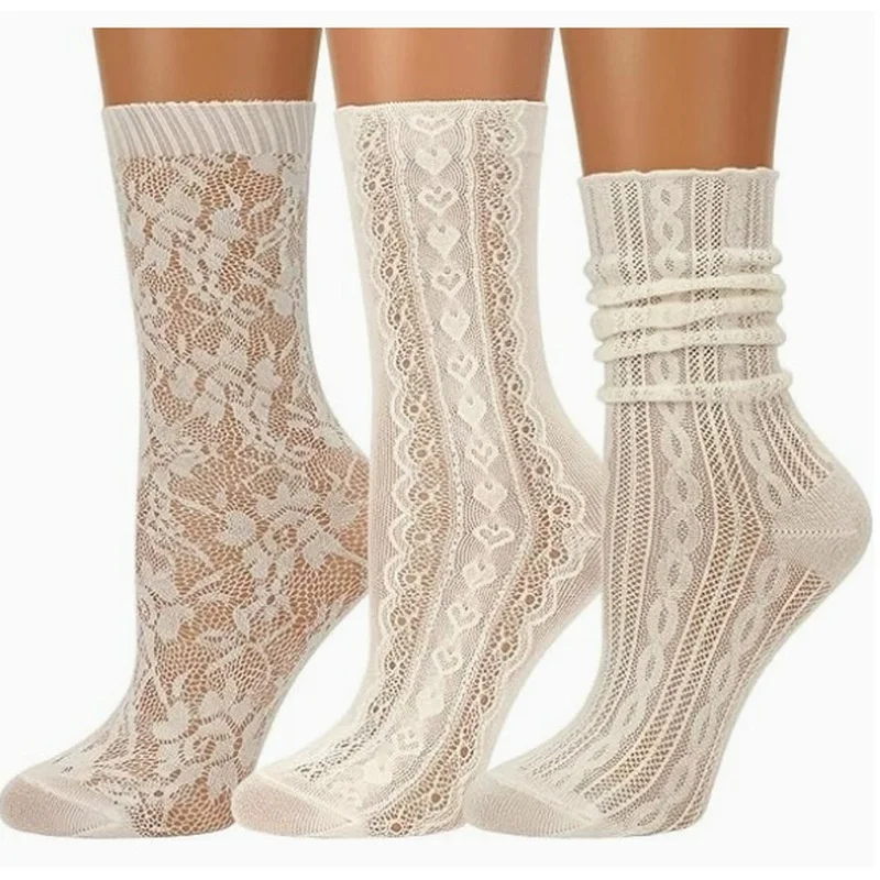 Three Pairs of Mid-Calf Hollow Mesh Socks, Women's Breathable Layered Socks, Summer Thin Lace Ruffle Heart Socks