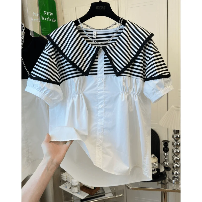

2025 Summer New Korean Fashion Patchwork Peter Pan Collar Blouse Female All-match Buttons Short Sleeve Women's Shirt Top Tee
