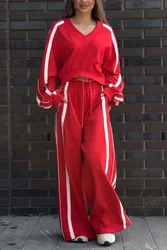 Striped T Shirt+Sweatpants Two Piece Set Women Casual Loose Lantern Sleeve Sports Tops Outfits Autumn Winter Wide Leg Pants Suit