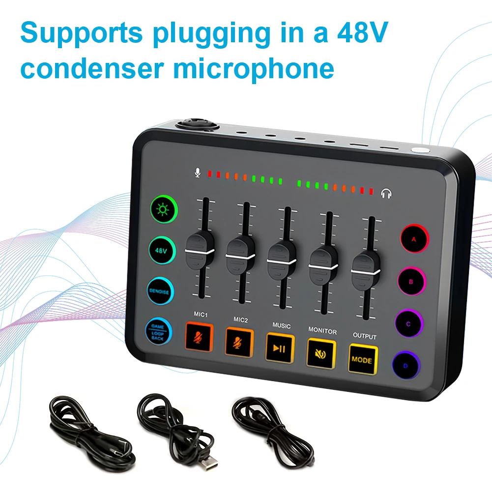 Live Sound Card Gaming Audio Mixer with XLR Microphone Interface Streaming RGB PC Mixer Volume Fader Mute Button for Podcasting