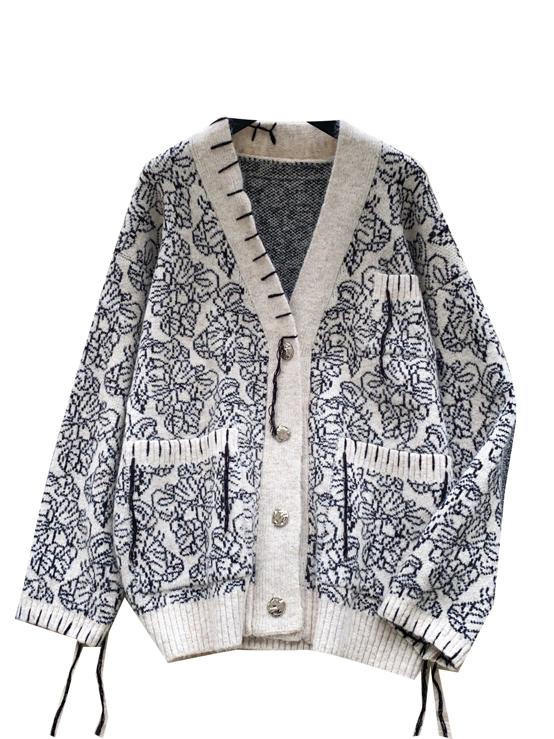 

Soft Cozy Women's Knitted Sweater V-Ne Heavy Embroidery Tie-Band Vintage High-End Feel Autumn Winter Faion Commute Sle