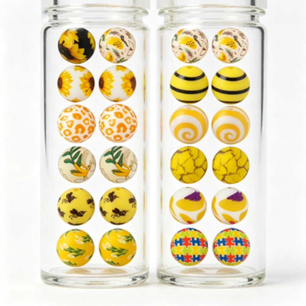 8-16 Stück/Set 15MM Gelbe Serie Silikon Bedruckte Runde Perlen DIY für Schmuckherstellung Schlüsselanhänger Halskette Ohrringe Zubehör