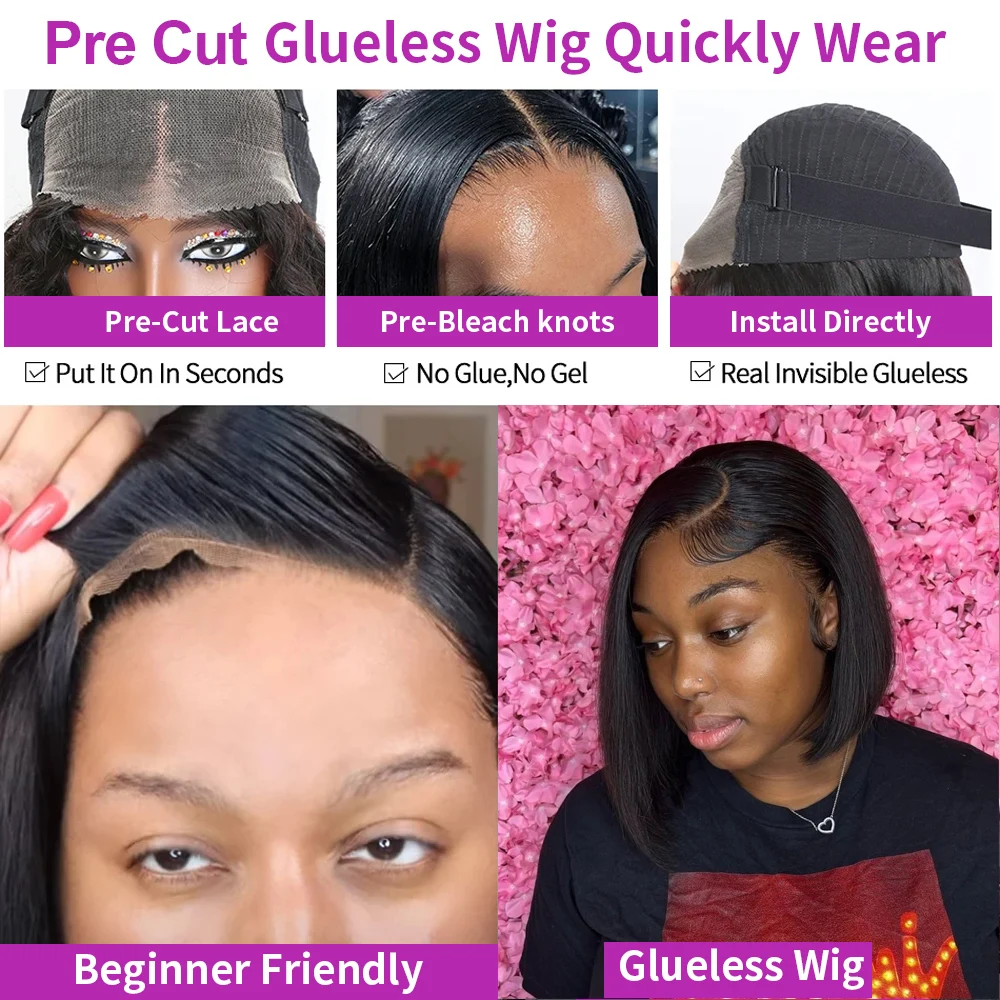 Bob Perücke Kurz Glatt Glueless 13x4 13x6 HD Lace Front 100% Echthaar 250% Dichte Wear and Go Pre-Plucked Versand aus FR Lager für Schwarze Frauen – Detail 4