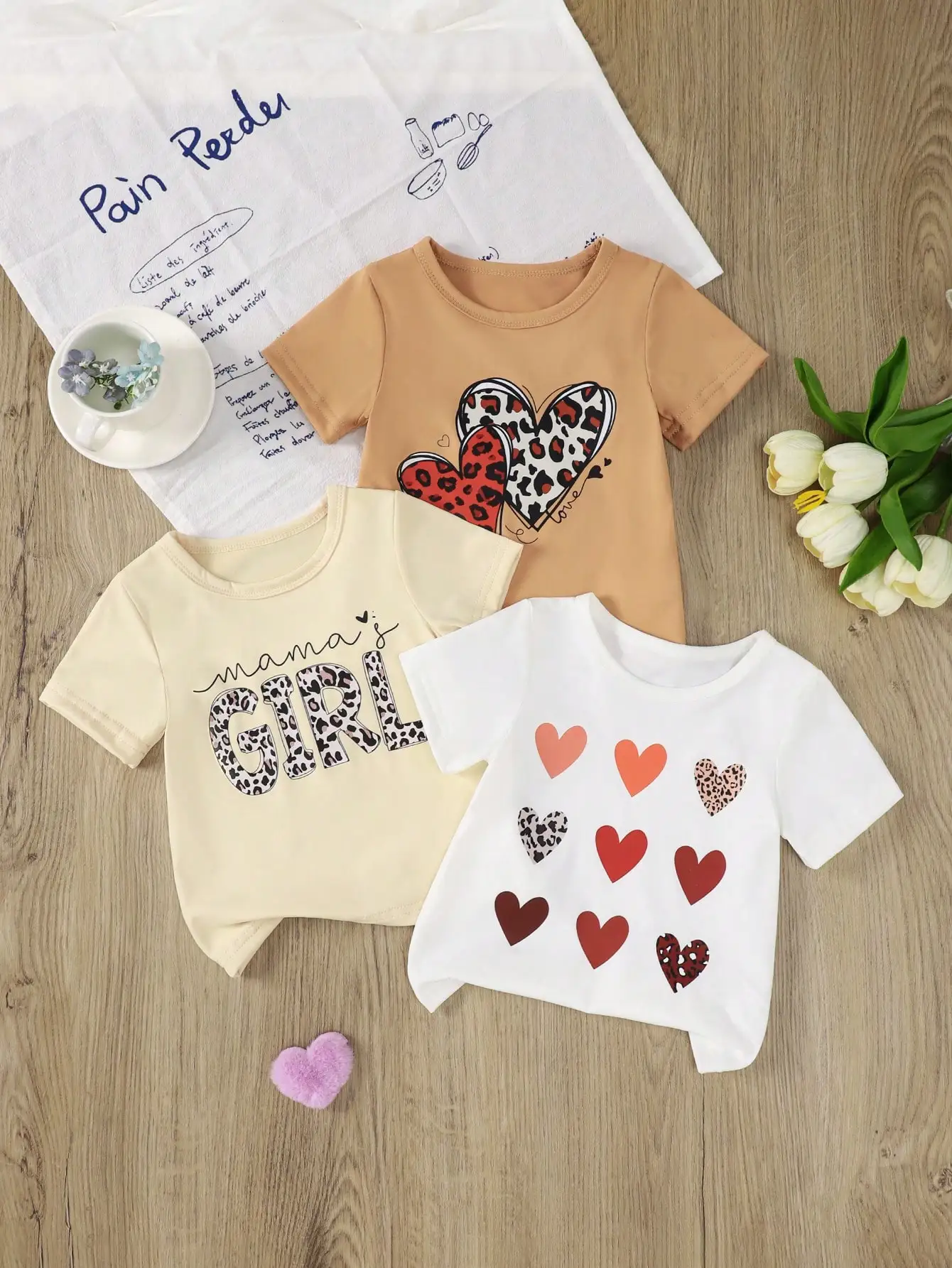 

3-Piece Round-Neck Heart-Shaped Printed Short-Sleeved T-Shirt For Girls A New Summer Casual Vacation Girl's Versatile Top