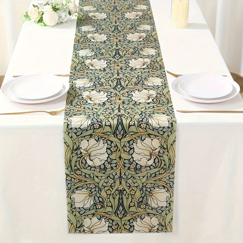 Camino de mesa floral maorioso vintage | Elegante verde menta y beige | Perfecto para centro de mesa de comedor, boda y fiesta.