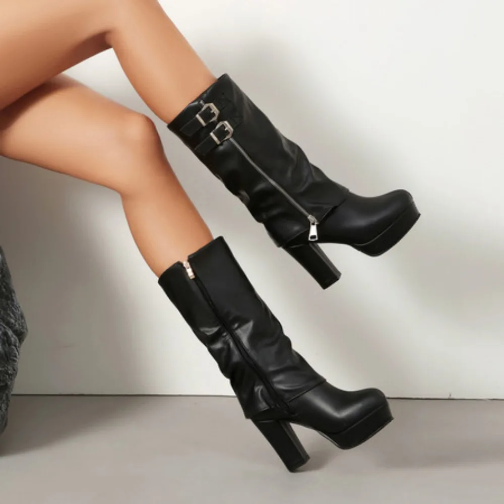 Plus Size Boots Circuit Double Row Belt Buckle Ankle Buckle Slip on Knee High Boots Concise Style Pleated High-Heeled Boots