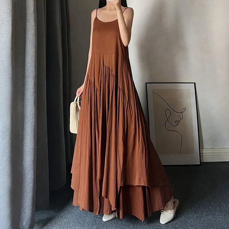 

Black Irregular Slip Dress Summer New Sleeveless Solid Color Loose Pleated Temperament Long Dress Vintage Fashion Women Clothing