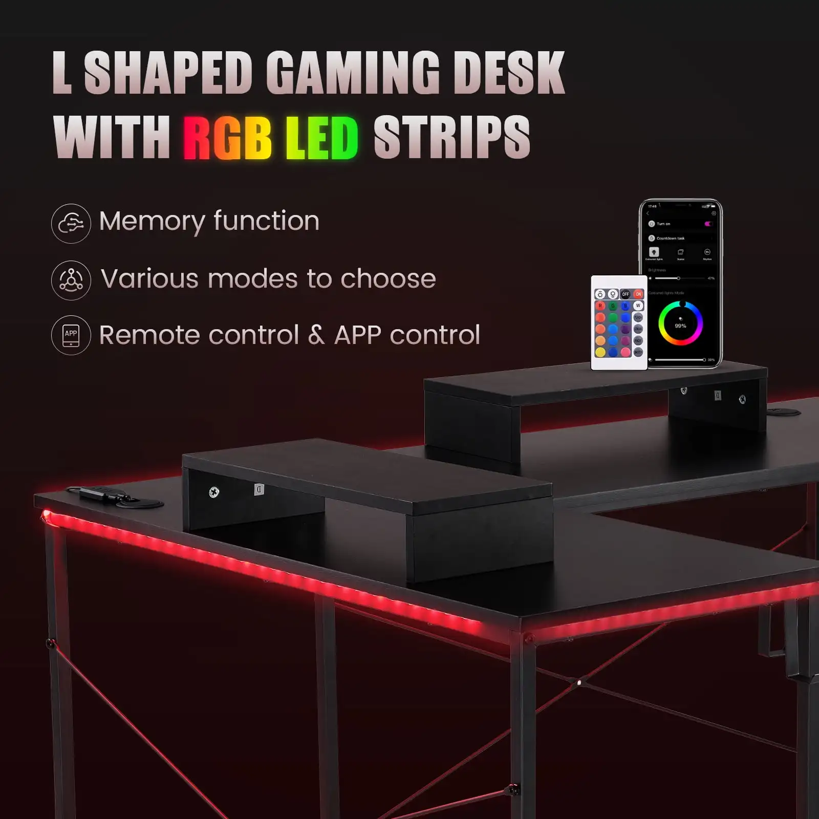 L-Shaped Gaming Table with RGB Light and Removable Storage Shelve for All Age , Black