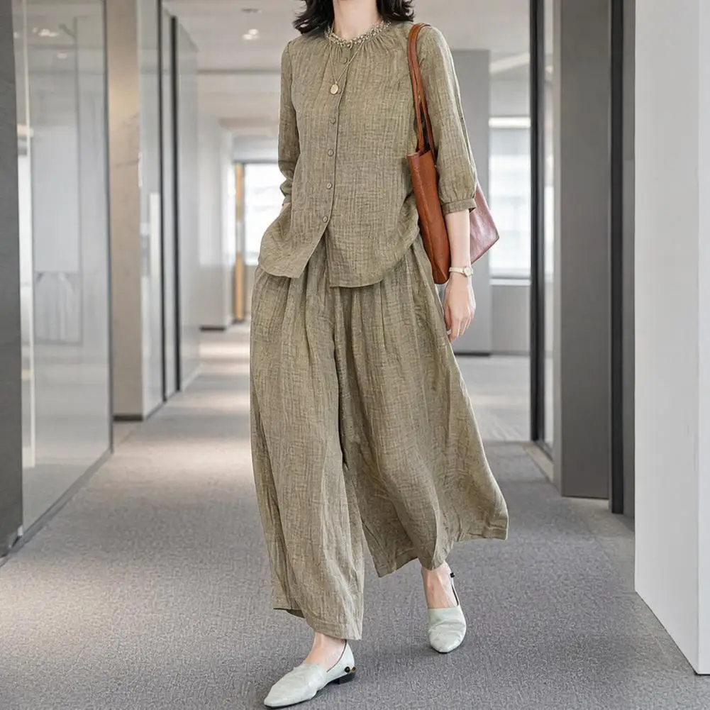 2026 Plus Size Casual Suit Women 2 Piece Cotton Linen Sets, Button Down Short Sleeve Top And Wide Leg Pants Casual Loose Lounge