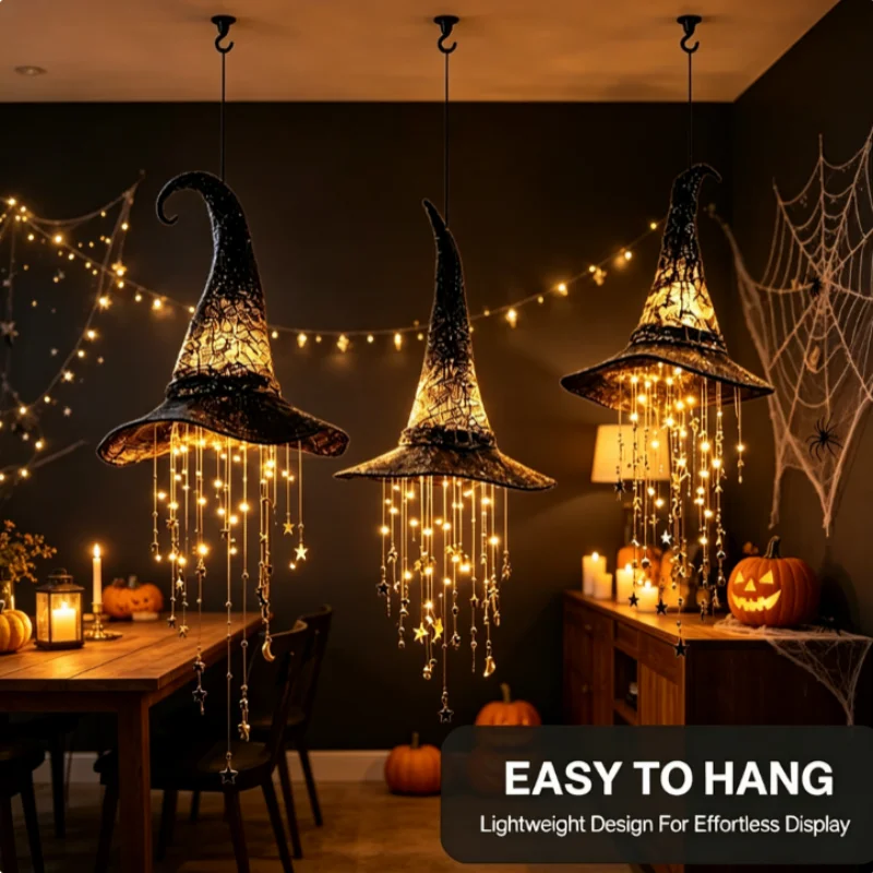 Lighted Witch Hat Hanging Chime LED Halloween Hanging Deco with Cascading Stars Versatile Indoor Outdoor Ornament