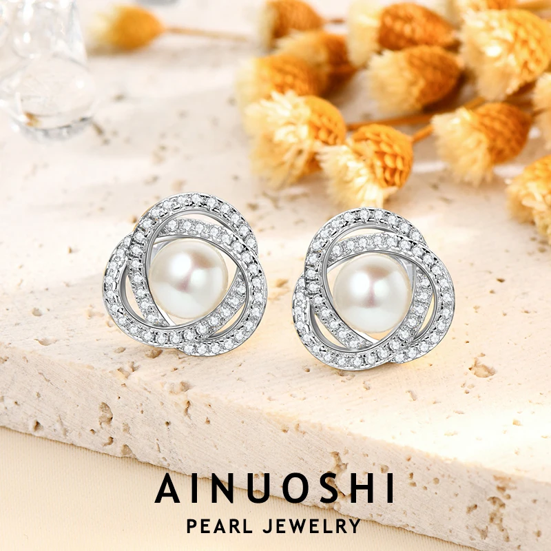 

AINUOSHI 6.5-7mm Natural Freshwater Pearl Earring for Women Original 925 Sterling Silver Bling Zircon Stud Earrings Jewelry Gift