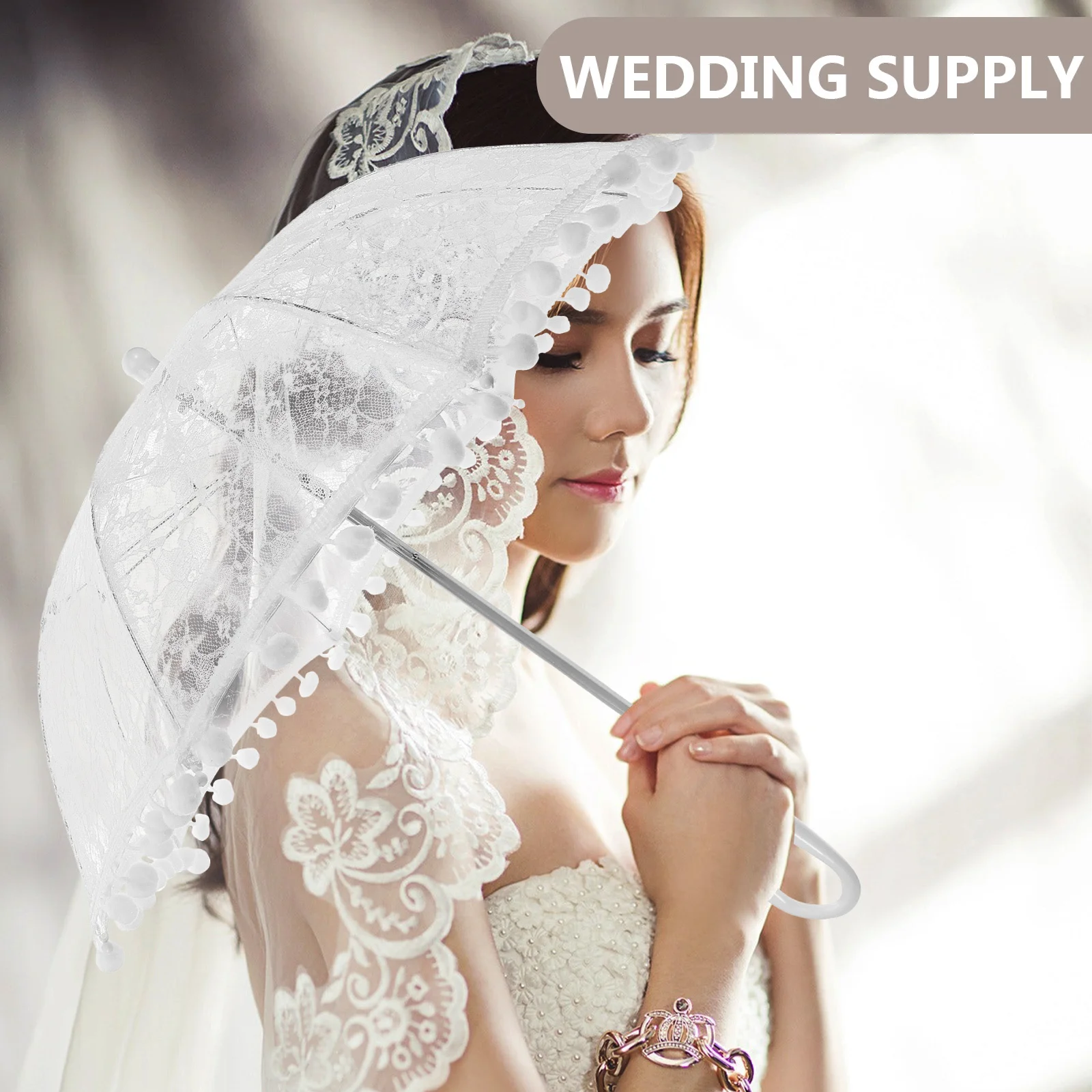 

Lace Parasol Umbrella Pompoms Design Lightweight Bridal Wedding Bride Bridesmaid Vintage Decorative Photography Prop