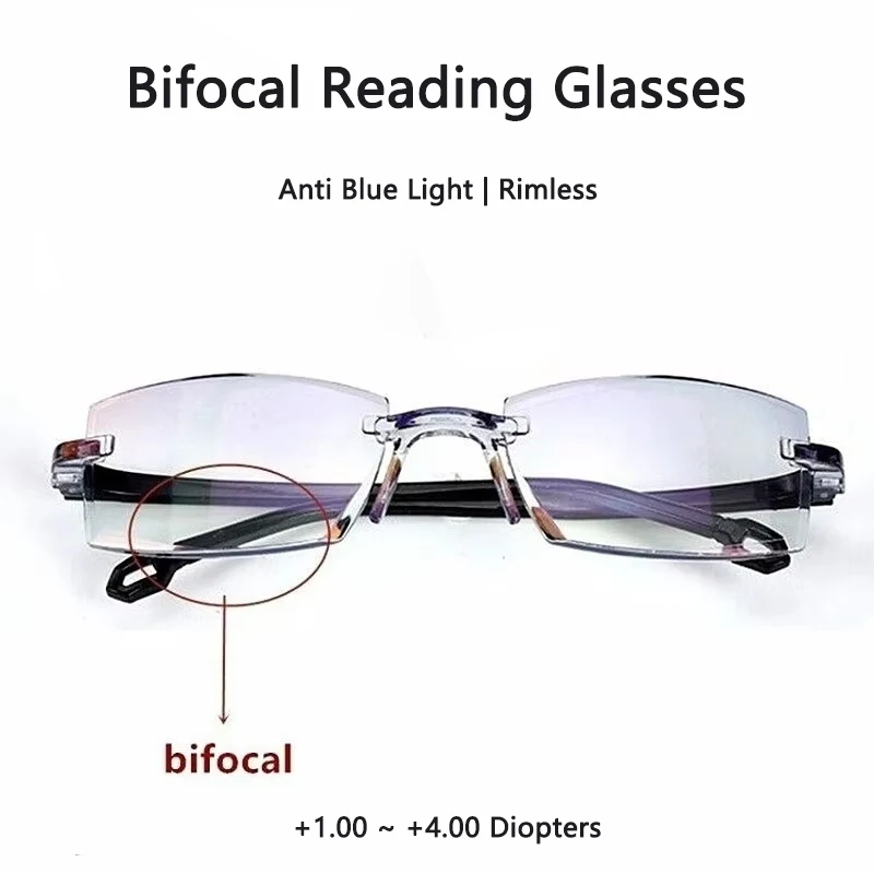 2 Paar randlose bifokale Lesebrillen für Damen und Herren, Anti-Blaulicht-Brille für Fern- und Nahsicht, presbyopische Brillen +1,00 bis +4,00