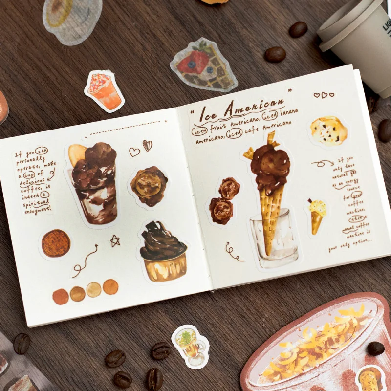 48pcs Coffee Landscaping Sticker Book for Scrapbooking Office Stationery Handbook Phone Case Notebook Decoration Gift
