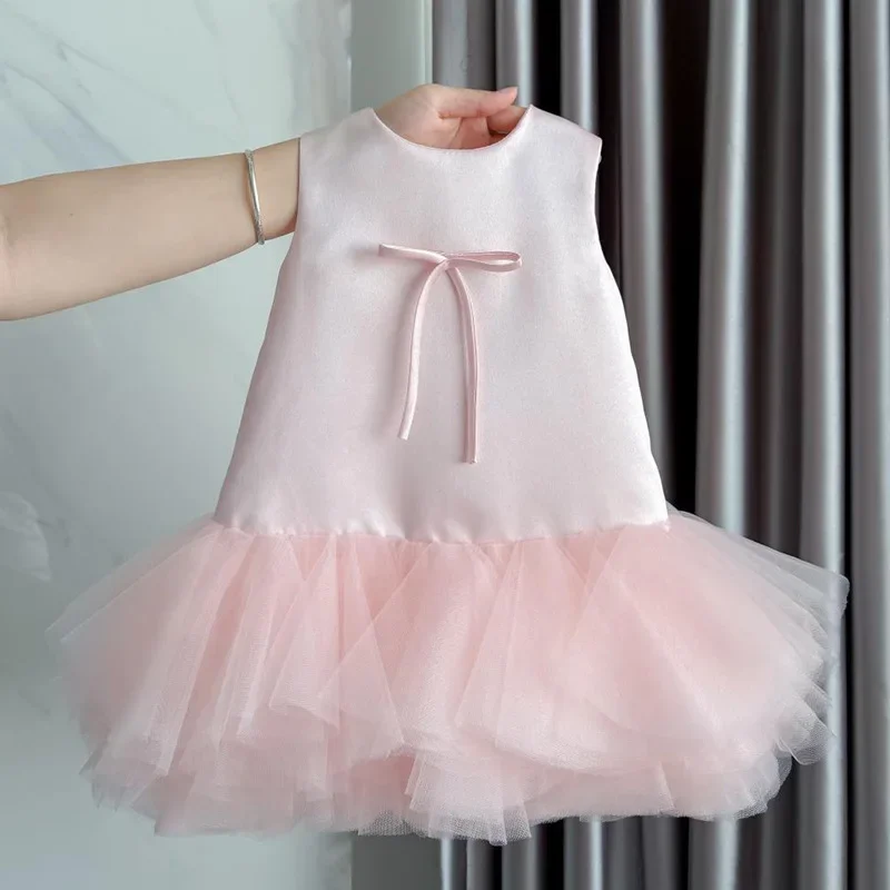 

Summer New Girls Baby Dress Children's One Year Old Tulle Sleeveless Ballet Tutu Girl Dresses Solid Color Kids Frocks With Bow