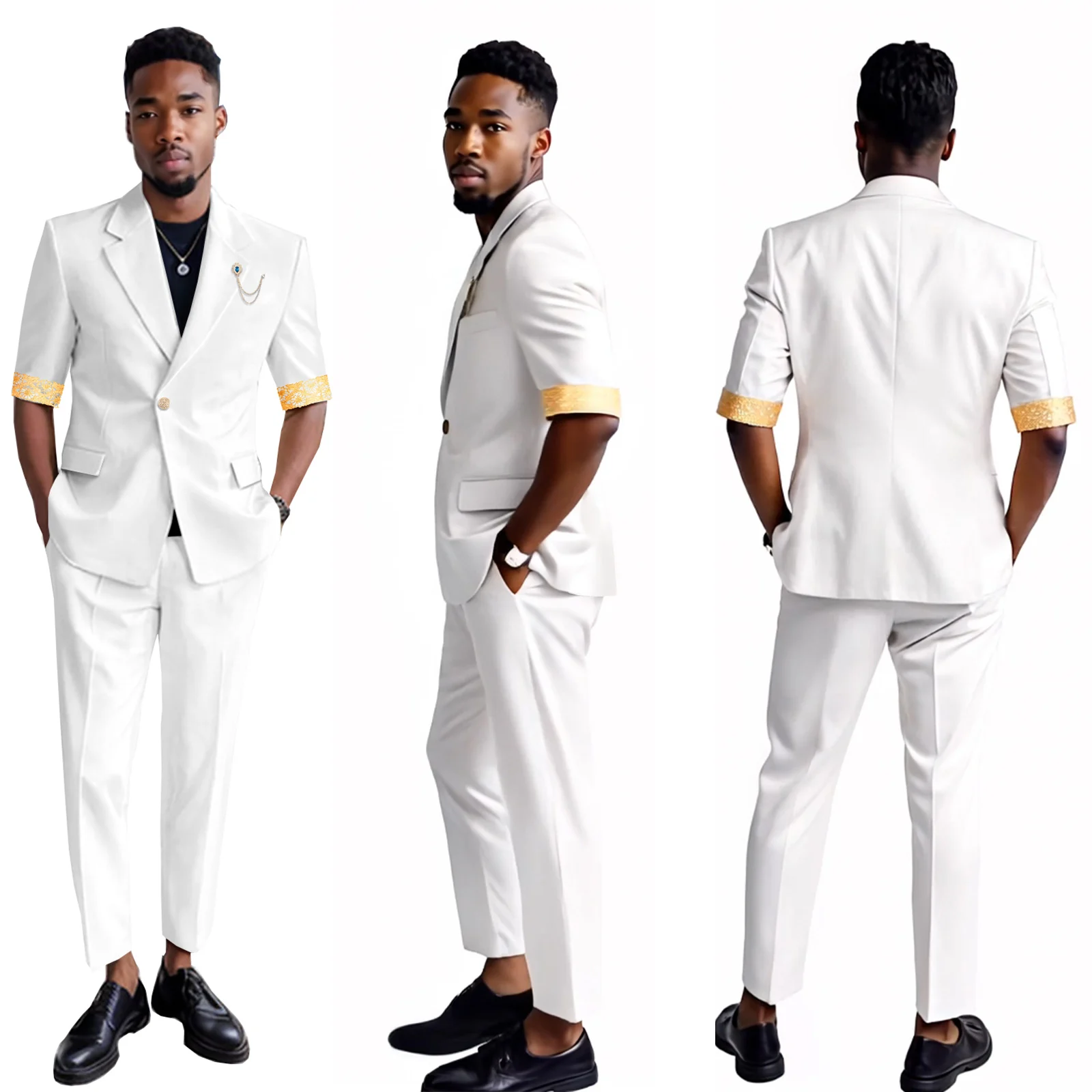 

DBQ African Attire Men’s Slim Fit Suit One Button Short Sleeve Brooch Embroidery Blazer and Pant 2 Piece Suit BD164