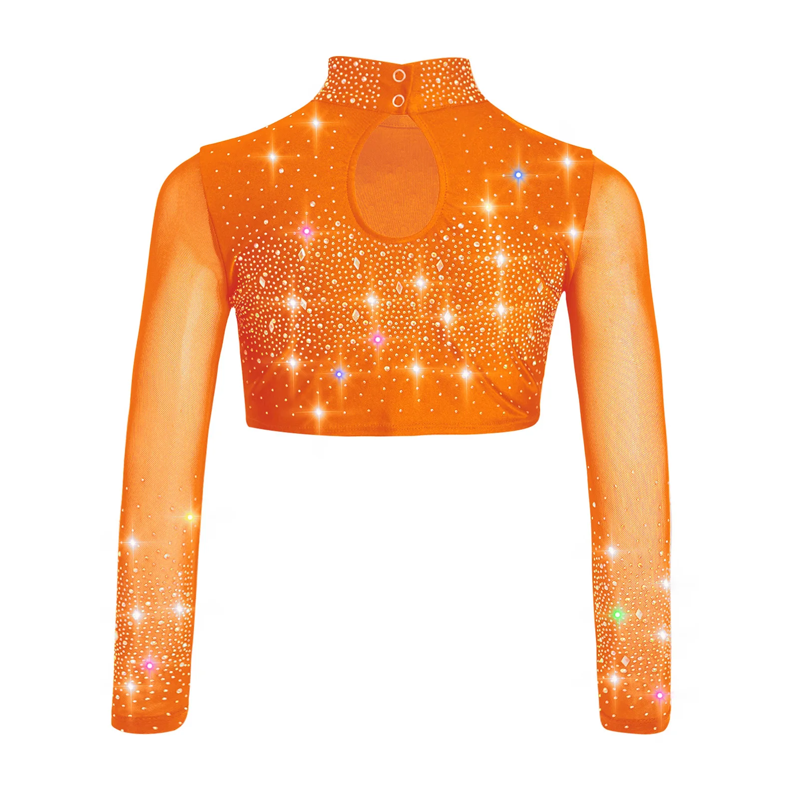 Top da ballo lirico per bambina, collo a lupetto, maglia trasparente, manica lunga, buco della serratura sul retro, strass lucidi, top corto, costume da ginnastica per balletto