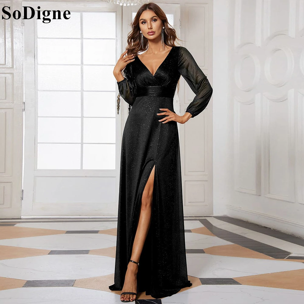 

SoDigne Glitter Black Evening Dresses V-Neck Long Sleeves Side Slit Elegant Mermaid Party Dress Sparkly Prom Gowns Customized