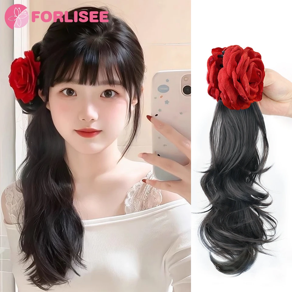 FORLISEE Synthetic Ponytail Wig For Women Red Rose Claw Clip-on Side-tie Layered Wavy Curly Long Hair Natural Sweet Ponytail Wig