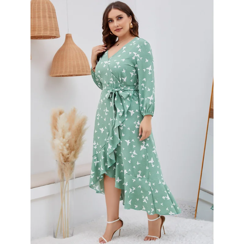 4XL 5XL Elegant Printed Lantern Plus Size Dress Women Dresses Sexy Boho Beach Casual Slim Party Ruffle Midi Dress Lady Vestidos