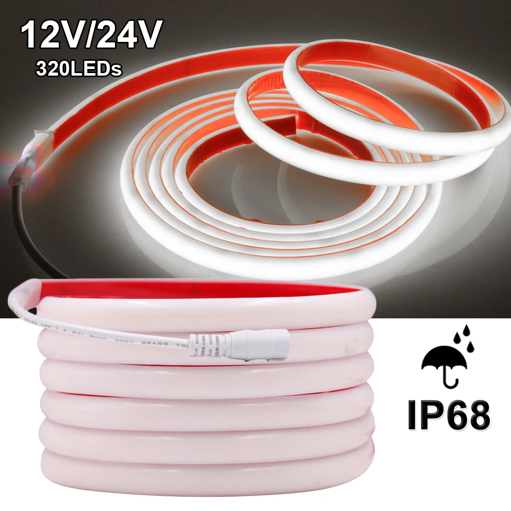 IP68 wodoodporna taśma LED COB neonowe światło 12V 24V 320 diod LED/m elastyczna taśma wstążkowa RA90 oświetlenie liniowe o dużej gęstości 3000K-6000K