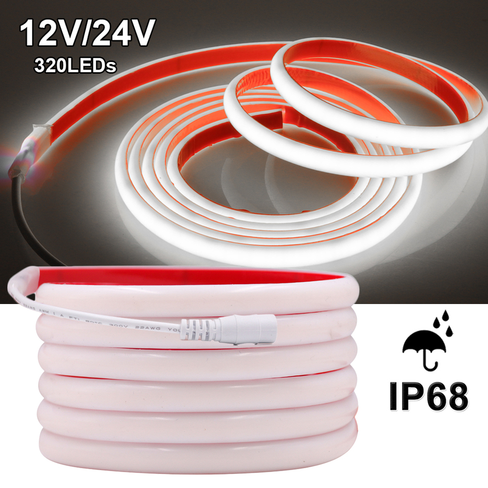  IP68 Waterproof COB LED Strip Neon Light 12V 24V 320Leds/m Flexible Ribbon Tape RA90 High Density Liner Lighting 3000K-6000K 