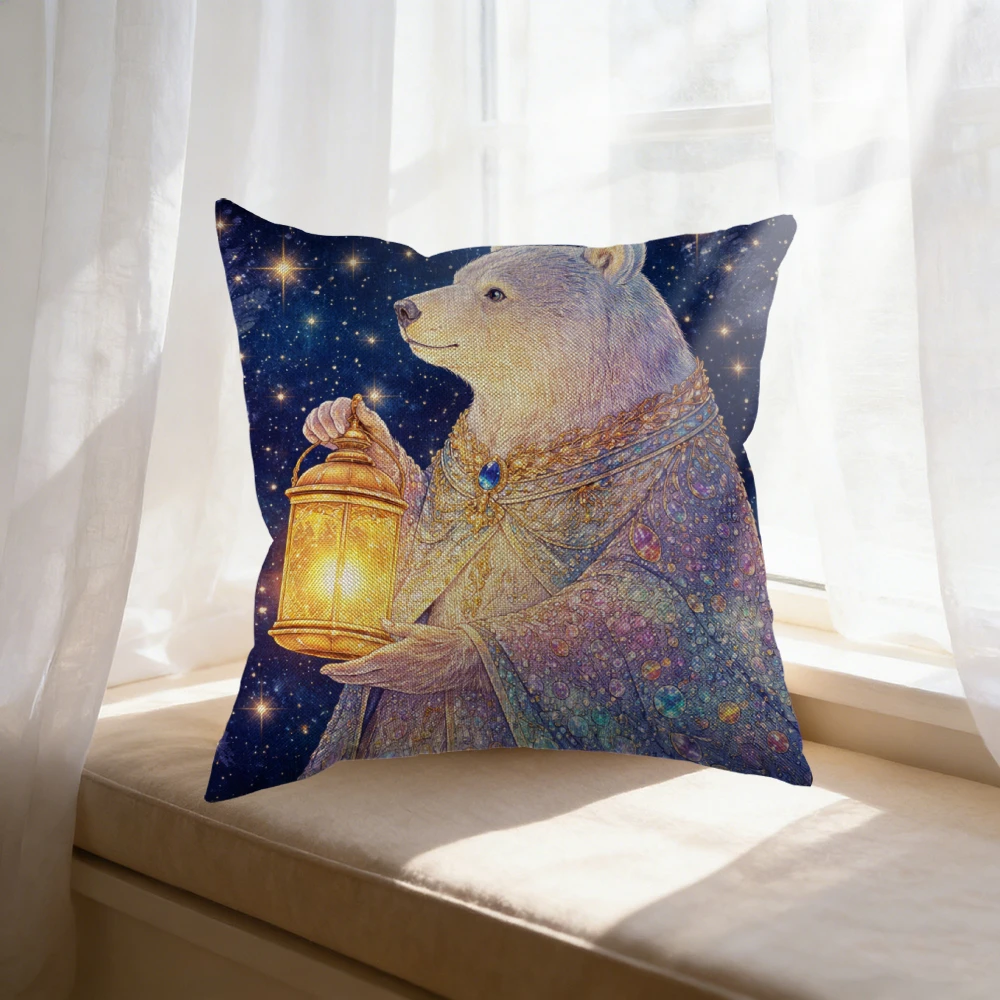 Square Throw Pillow Blue Bear Holding Lantern With Starry Sky Print For Home Decor Bedroom Window Seat